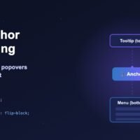 CSS anchor positioning tutorial banner showing a button anchor with an attached tooltip, dropdown menu and card