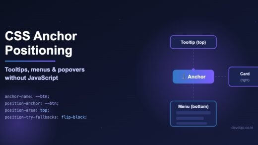 CSS anchor positioning tutorial banner showing a button anchor with an attached tooltip, dropdown menu and card