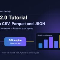 DuckDB 2.0 tutorial banner: CSV, Parquet and JSON files flowing into an in-process SQL engine