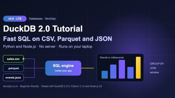 DuckDB 2.0 tutorial banner: CSV, Parquet and JSON files flowing into an in-process SQL engine