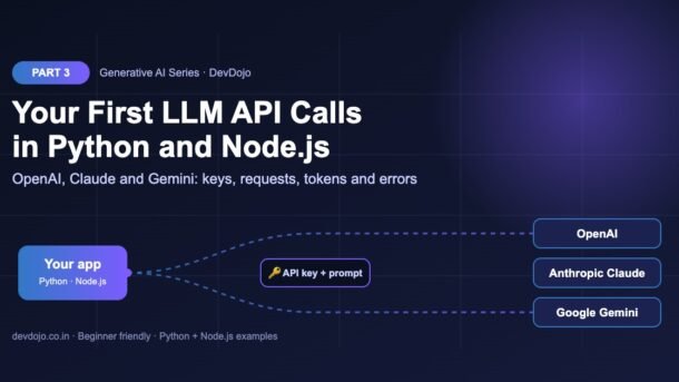 Generative AI Part 3 banner: your first LLM API calls in Python and Node.js to OpenAI, Claude and Gemini