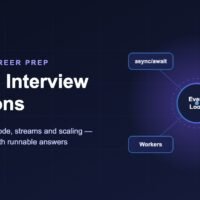 Node.js interview questions banner showing the event loop connected to async/await, streams, workers and modern Node