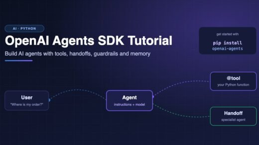 OpenAI Agents SDK tutorial banner: a user message flows into a Python agent that calls tools and hands off to a specialist agent