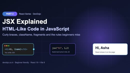 React Part 2 banner: JSX code turning into a jsx() call and then a heading on the page